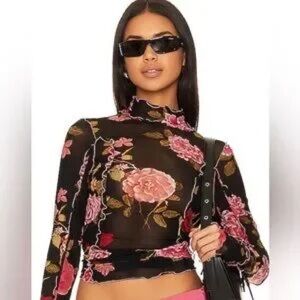 Free People Floral Mesh Long Sleeve Top